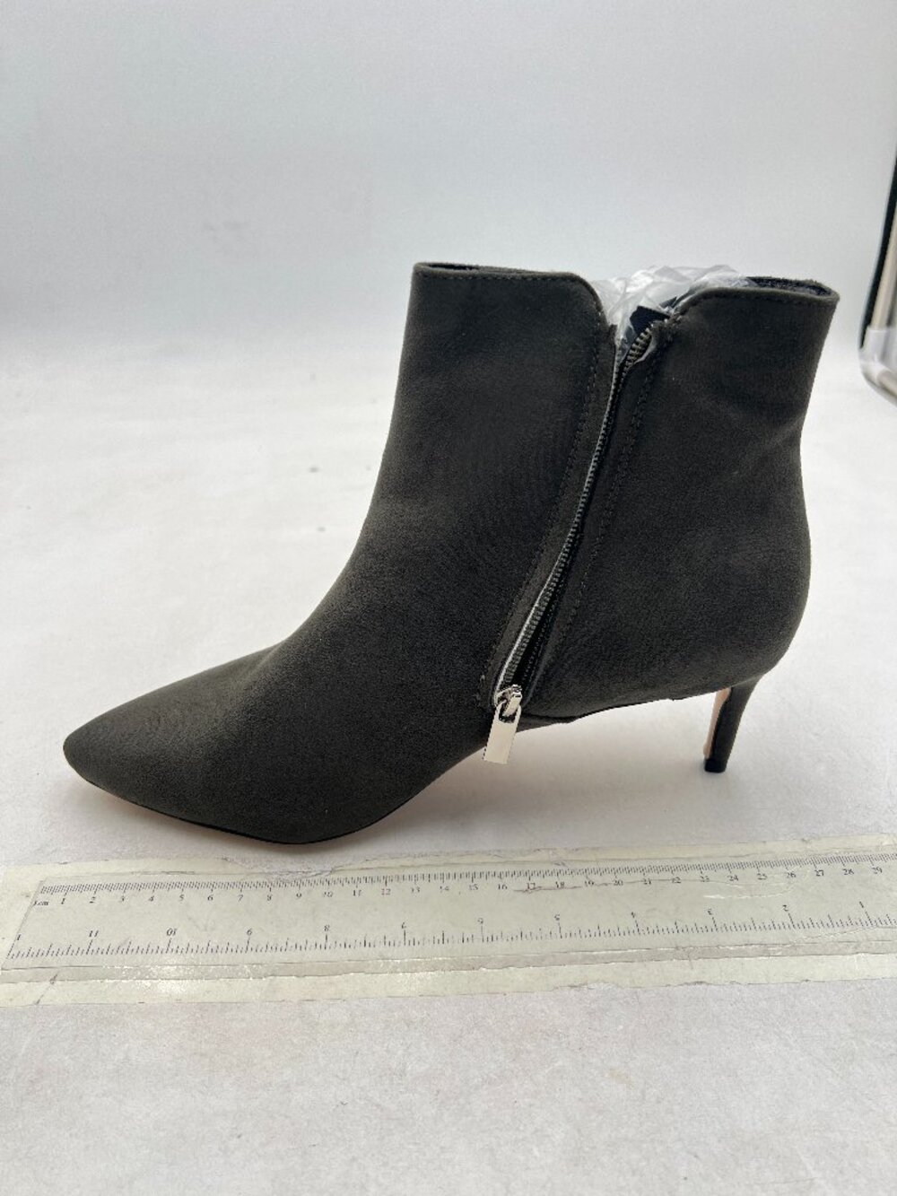 Grey Women Dressy Kitten Low Heel Ankle Boots Pointed Toe Booties Shoes with Zip